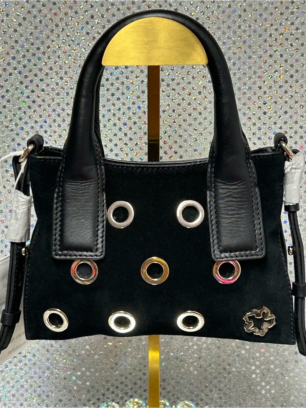 Ted Baker Black Eyelet Suede and Leather Crossbody Bag Approx. 9.5 x 6 x 2